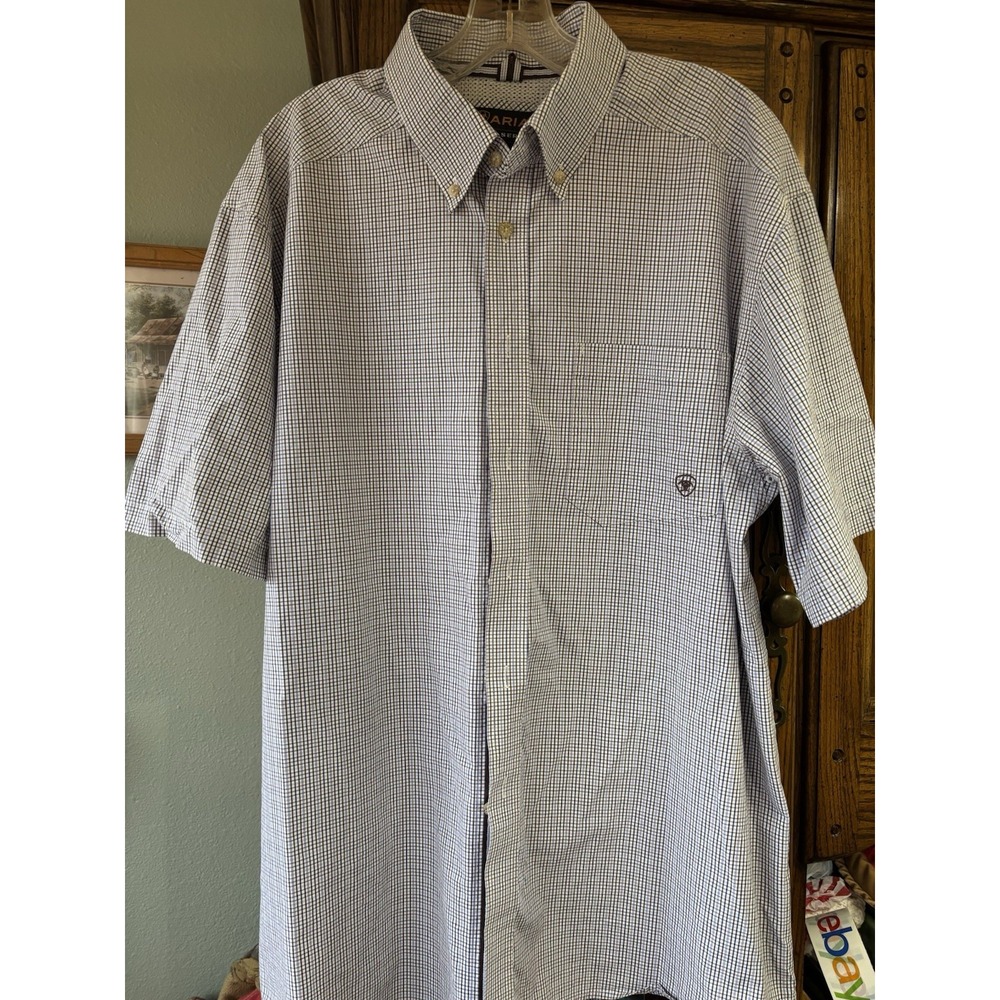 Ariat Men's Button Down Short Sleeve Shirt Blue Khaki Check Pattern‎ Size XL